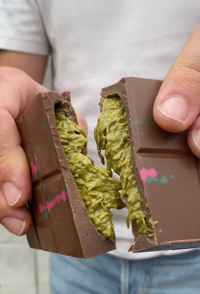 Chocolate bar with pistachio knafeh filling held by a person